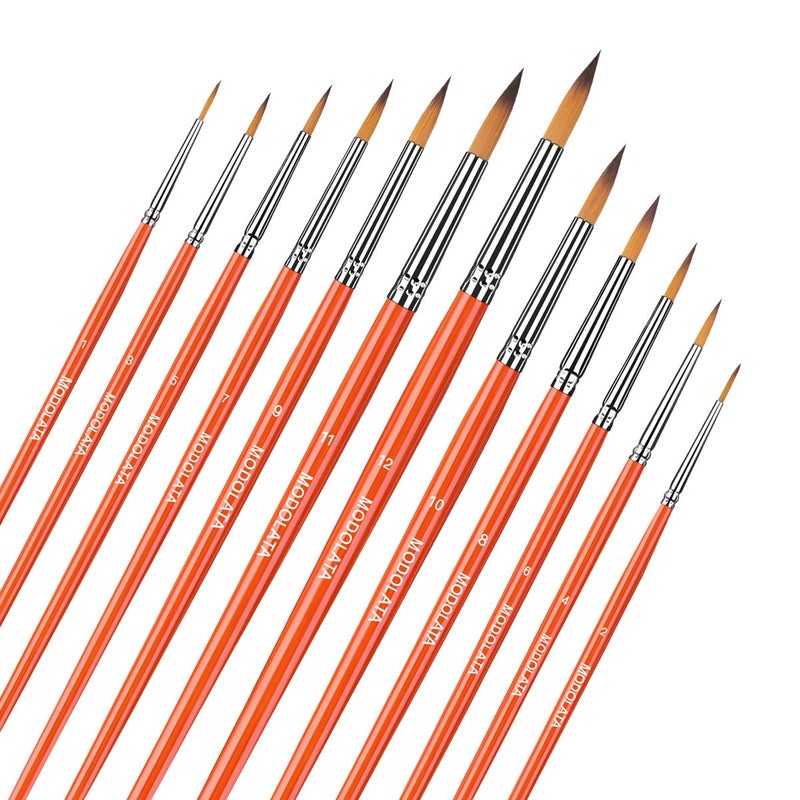 MODOLATA Watercolor Paint Brushes Set - 12Pcs Round Pointed Painting Brush for Acrylic, Gouache, Oil, Artist, Miniature, Model - Short Handle - Image 2